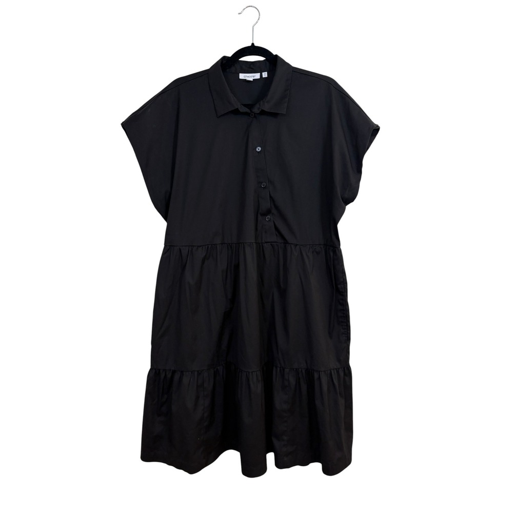 Chicos Black Tiered Shirt Dress Relaxed Oversized Minimalist Chic Pockets Sz 14